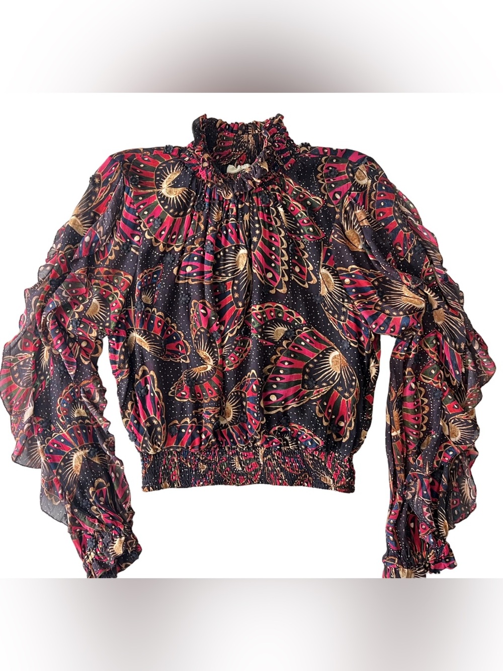 FARM Rio Black Pink Gold Printed Ruffle-Neck Blouse